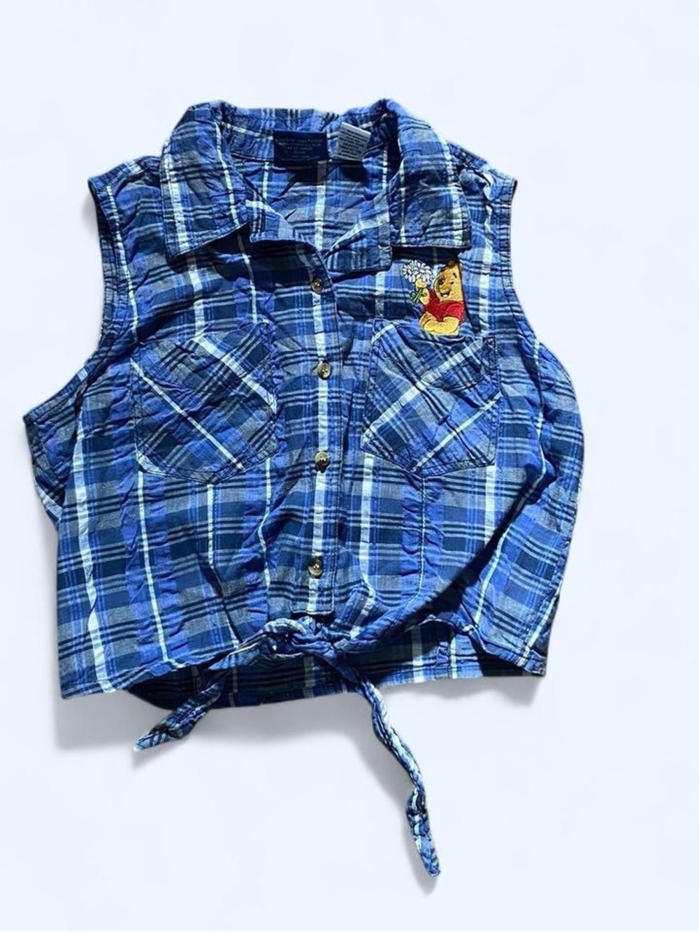 Vintage Blue Plaid Tie-Front Sleeveless Shirt with Winnie The Pooh Patch